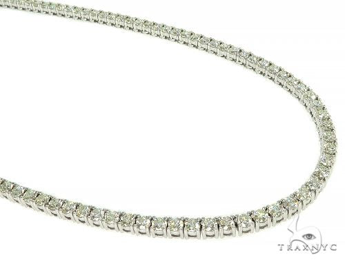 14k white gold diamond tennis chain with round prong-set stones, front view on white background