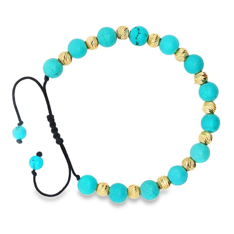 Turquoise and gold round bead bracelet with adjustable black cord closure