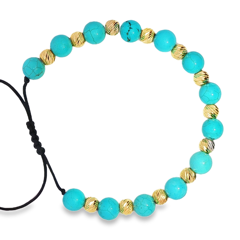 Adjustable bracelet with round turquoise and textured gold beads on black cord