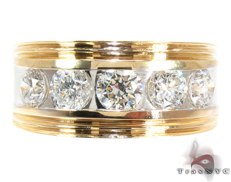 Two-tone yellow and white gold men's band with five large diamonds inlaid center