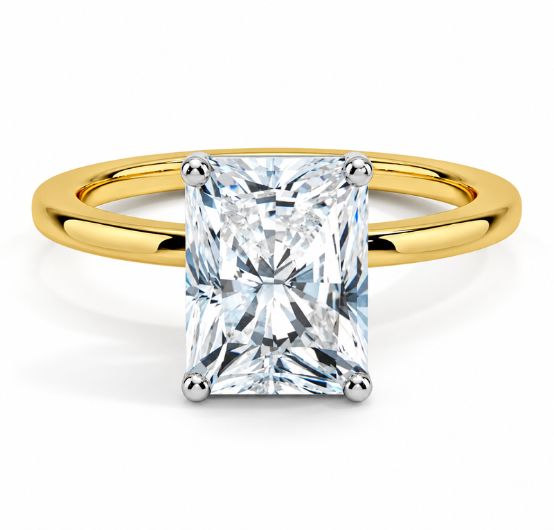 Two-tone 14K gold engagement ring featuring a 2 carat radiant-cut lab grown diamond with four white gold prongs and a polished gold band