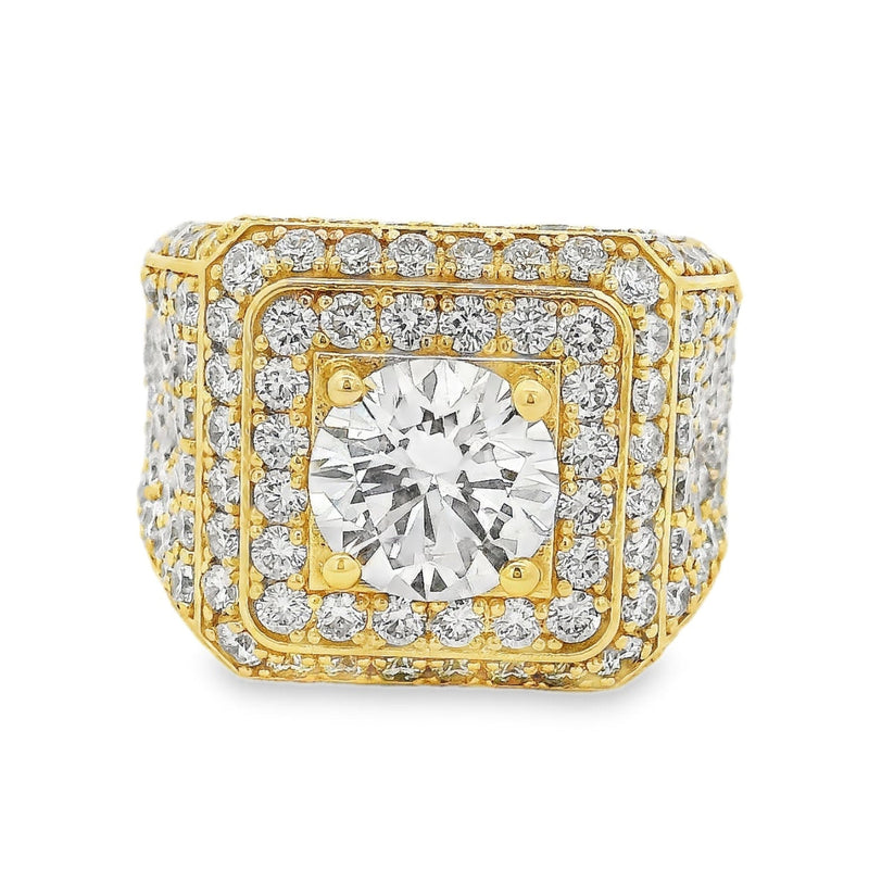 Yellow gold men's ring with large center diamond and multiple surrounding diamonds