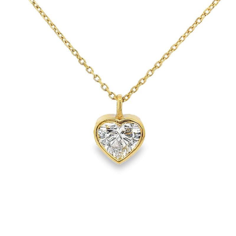 Yellow gold necklace with heart-shaped diamond bezel pendant on fine chain
