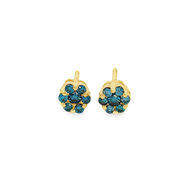 14K yellow gold flower earrings with blue diamond petals