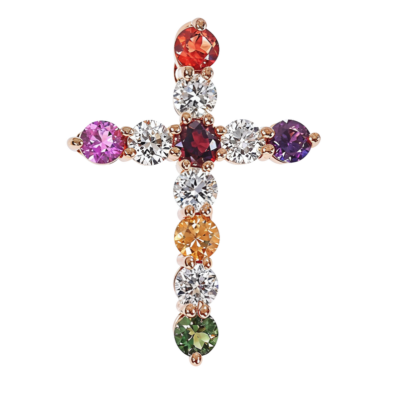 Rose gold cross pendant with multicolored sapphire and diamond gemstones in loop design
