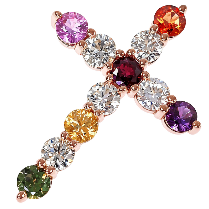 14K Gold Fruit Loop Diamond Sapphire Cross Pendant, photo 3 of 6