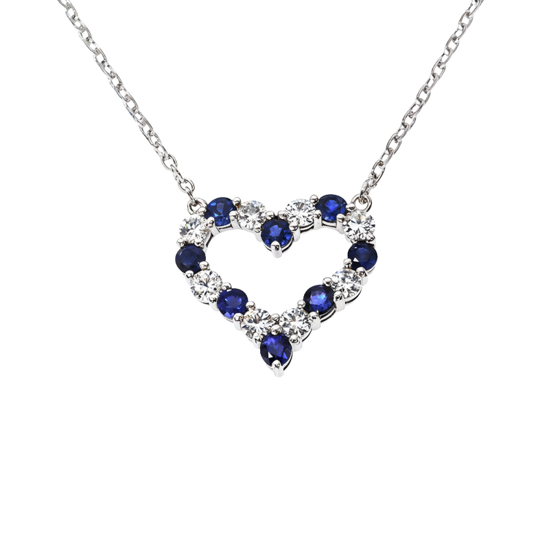 Sterling silver heart necklace with alternating blue sapphires and clear diamonds
