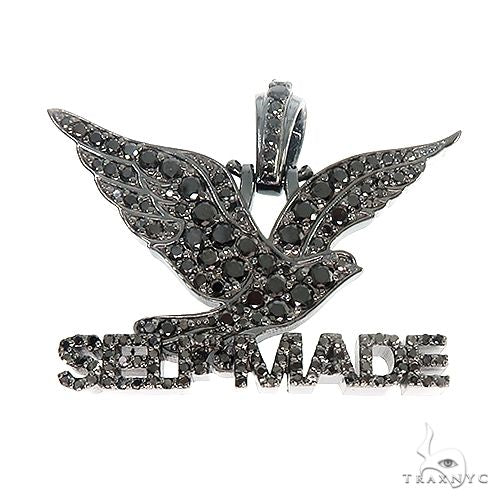 Sterling silver black diamond eagle pendant with black rhodium finish, front view showing eagle relief and Self Made lettering