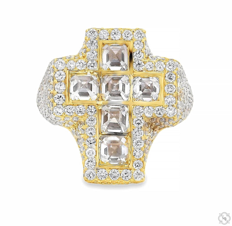 Yellow gold cross ring with upside-down Asscher-cut diamonds and diamond halo accents