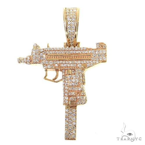 Yellow gold Uzi submachine gun pendant covered in sparkling diamonds, mens custom jewelry