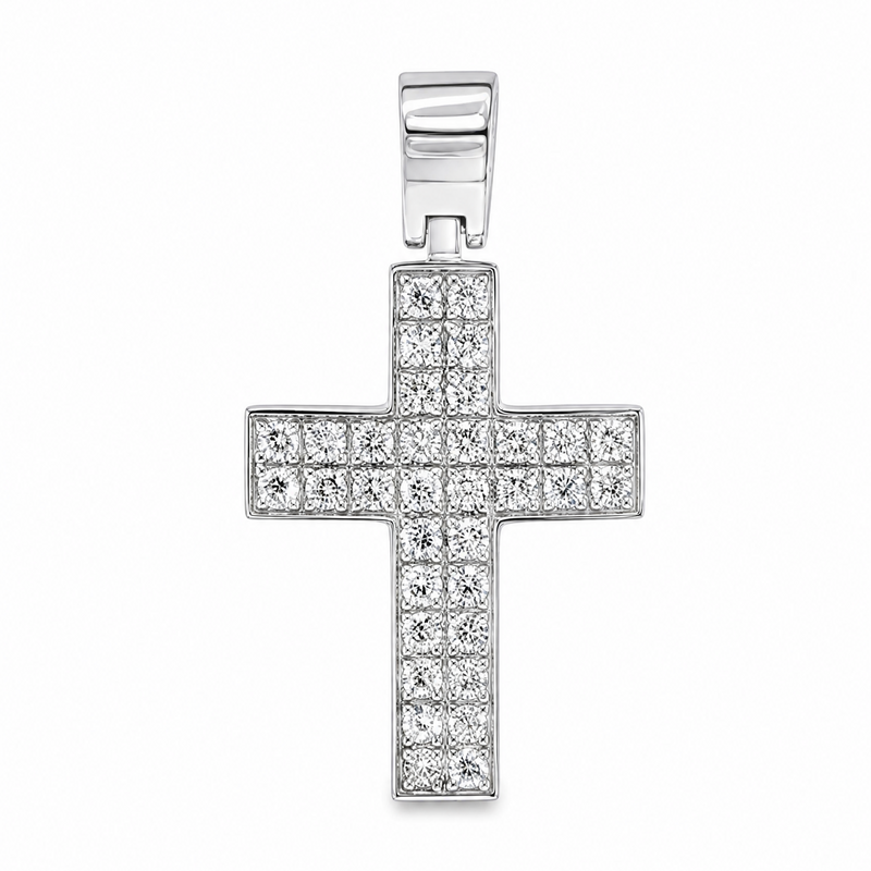 Diamond crucifix pendant in 14k white gold – front-facing view showing pavé-set stones across cross arms
