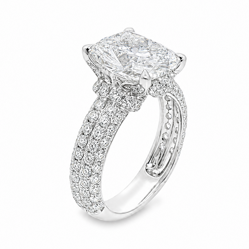 White gold Vivienne engagement ring with cushion cut diamond and pavé band diamonds