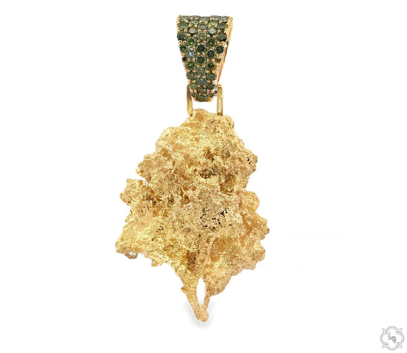 18K gold cannabis flower pendant with green diamond bail — front-facing detail view