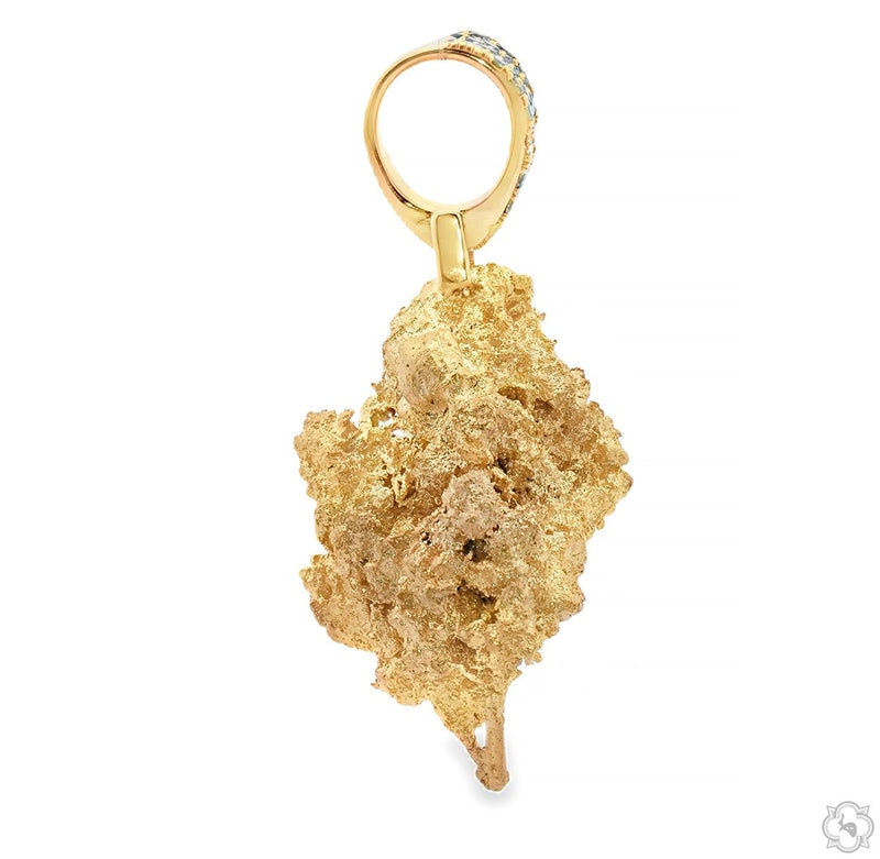 Yellow gold men's pendant with textured floral bud design and green diamond accents