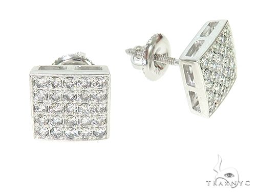 White gold square stud earrings with multiple small sparkling diamonds, hip-hop style
