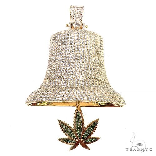 Weed leaf bell pendant in 14k gold with round diamond accents, front-facing view