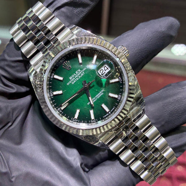 2026 Rolex Datejust 41mm in stainless steel with a green ombre stick dial and fluted bezel, ref 126334