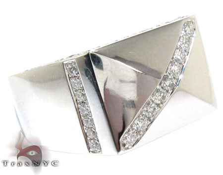 White gold men's ring with diagonal pave prong-set diamonds and a polished finish
