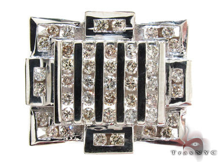 White gold men's crown ring with round cut channel-set diamonds in geometric design