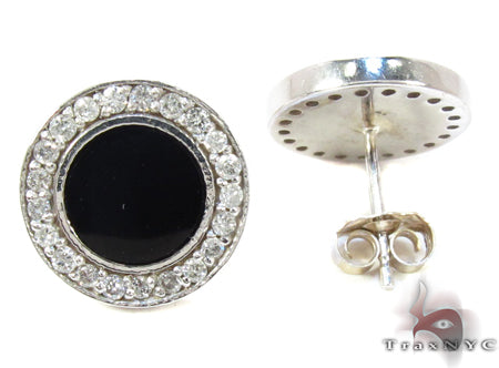 10K White Gold Round Cut Prong Diamond Onyx Earrings, photo 4 of 6