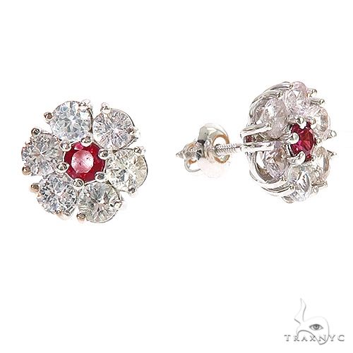 14K White Gold Frosted Flame Sapphire Flower Earrings, view 2