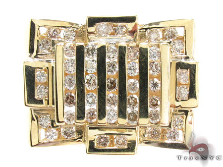 Yellow gold men's ring with channel-set round diamonds in a geometric crown design