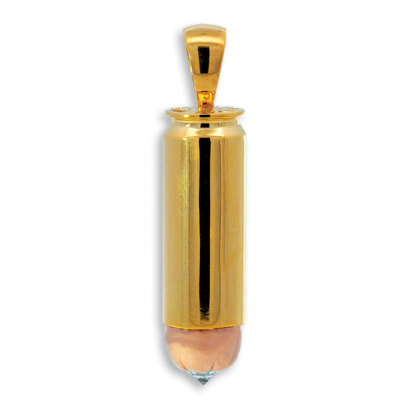 Gold bullet-shaped pendant with pink tip and polished finish