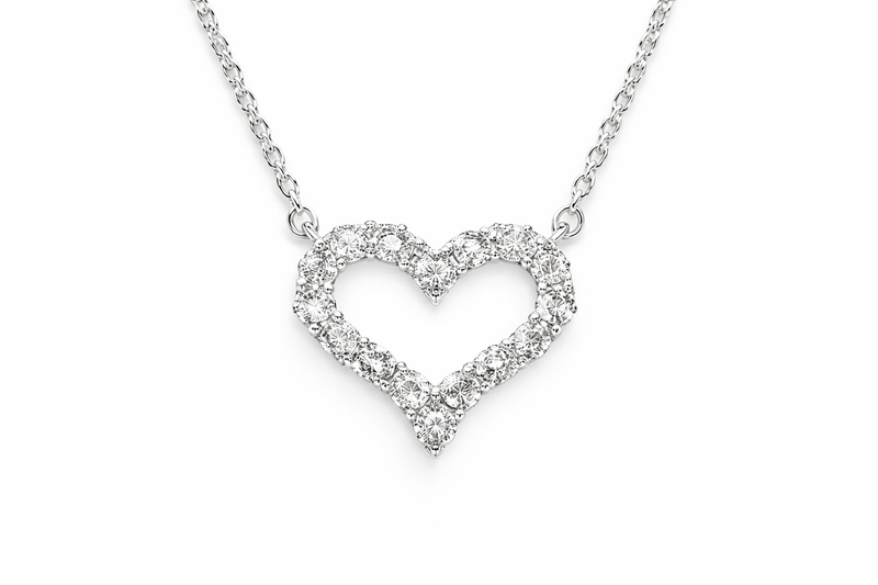 14K white gold heart necklace set with round diamonds