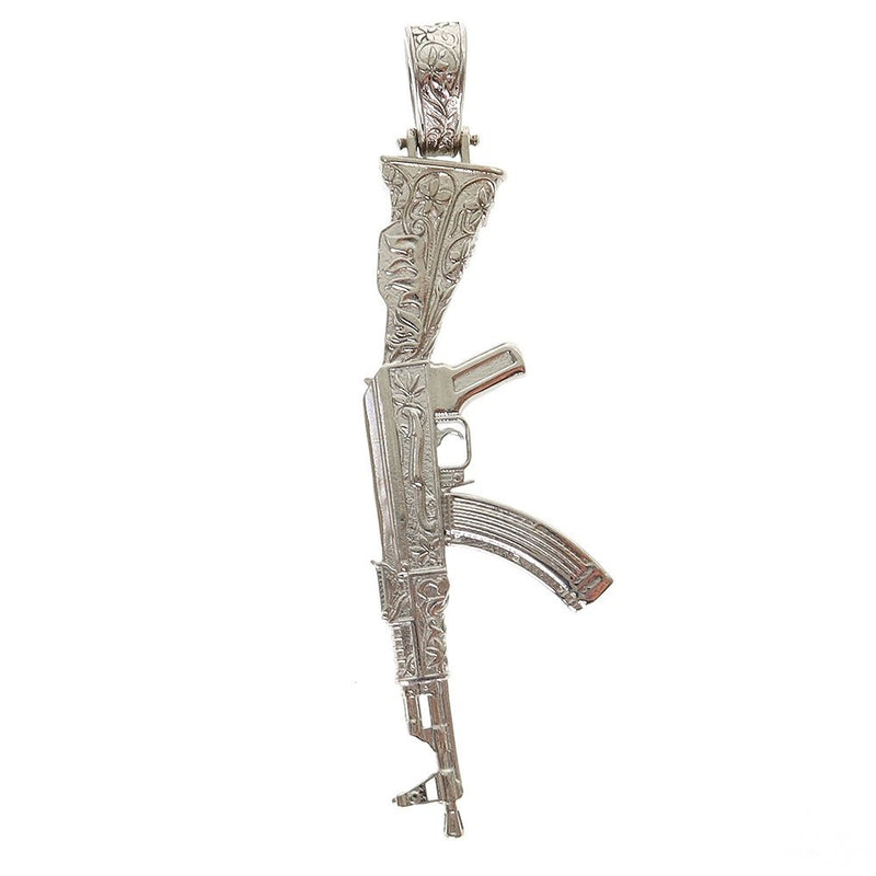 Intricately detailed .925 silver AK-47 gun pendant with engraved floral patterns and loop clasp