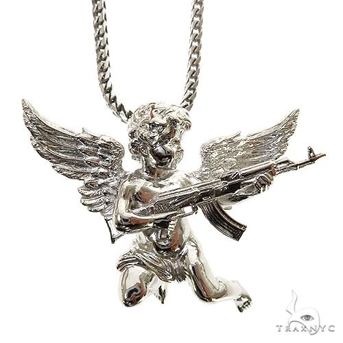 925 Silver Baby Angel With Ak Gun Pendant Set 69800 – TraxNYC