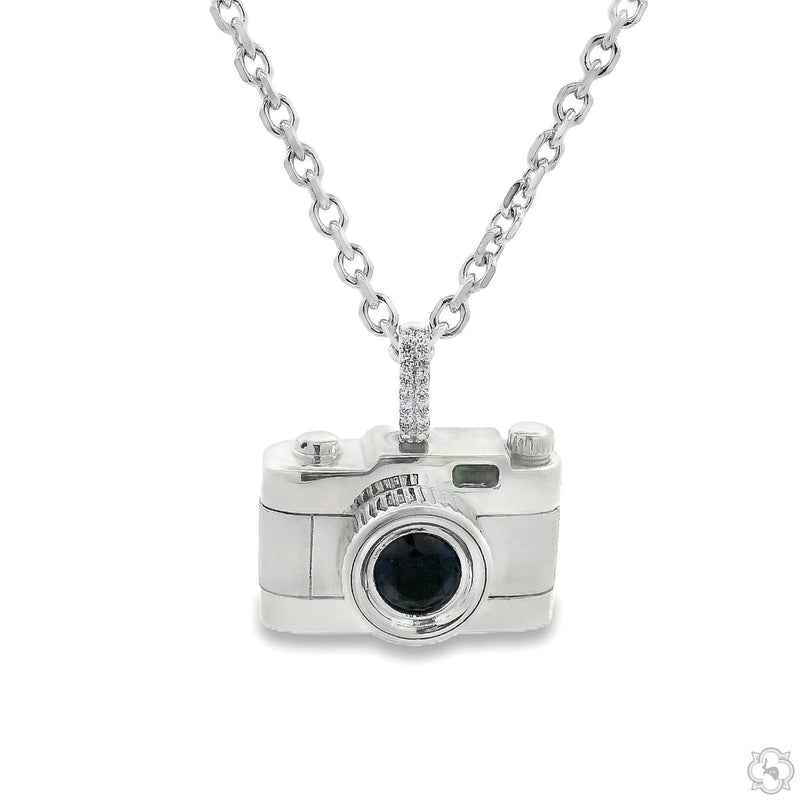 Sterling silver camera pendant necklace with detailed lens and chain link design