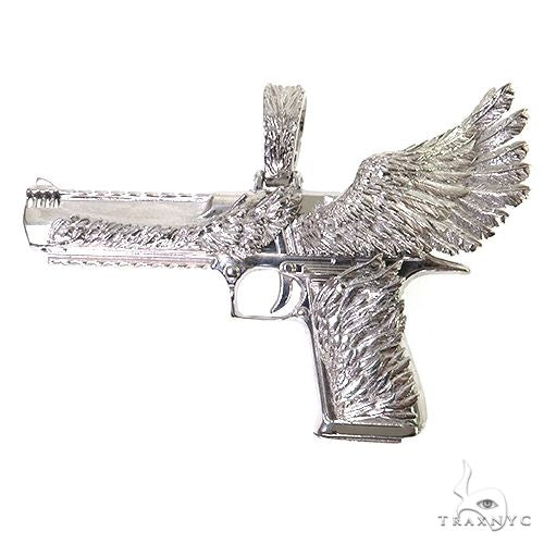 Sterling silver Desert Eagle pendant with detailed eagle wing design on gun body