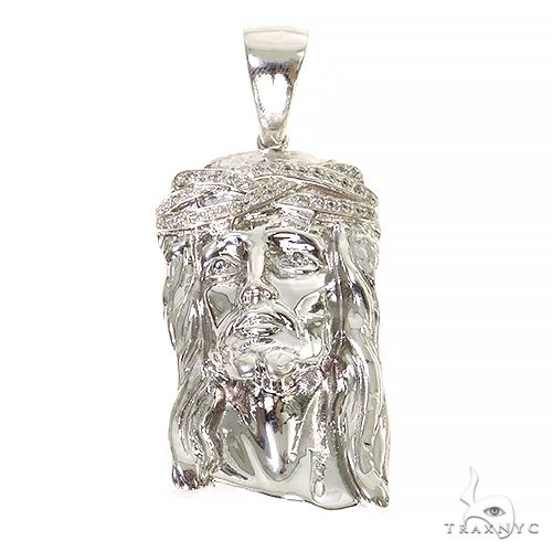 Large .925 silver diamond Jesus pendant, front-facing view showing prong-set round-cut diamond face