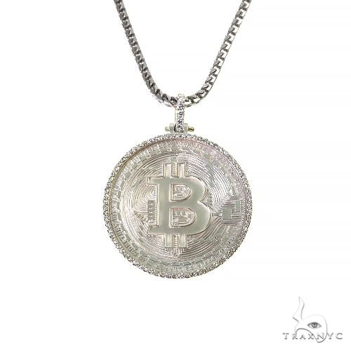 .925 silver Bitcoin pendant with diamond accents and matching Franco chain necklace