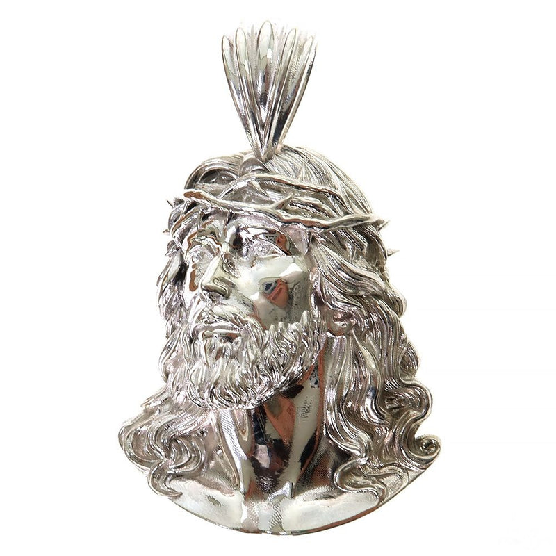 Large .925 silver Jesus pendant with detailed crown of thorns and flowing hair