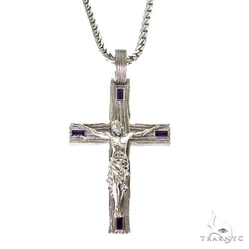 .925 silver cross pendant with detailed Jesus figure and midnight blue gemstone accents