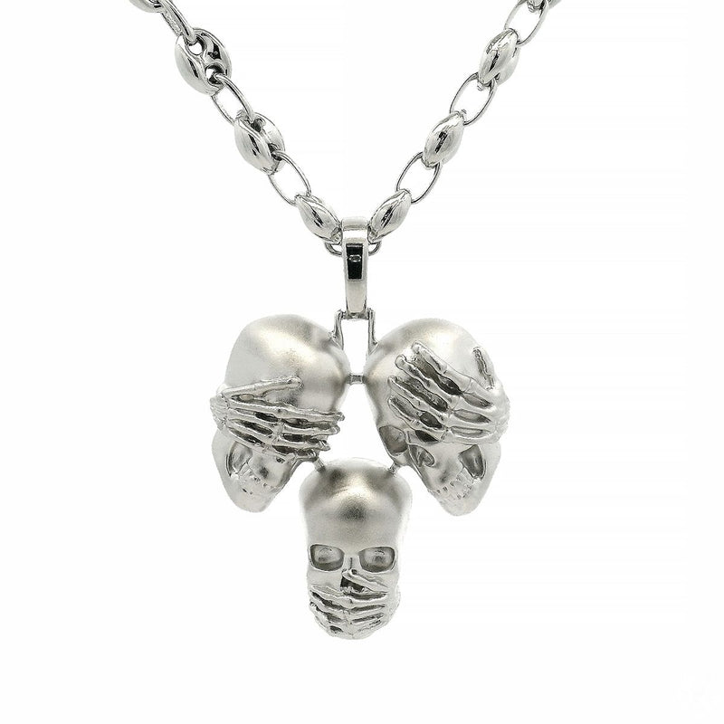 925 silver skull pendant set with no talk, no hear, no see design on delicate chain