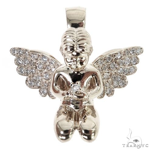 925 silver praying angel pendant with diamond-studded wings, detailed and polished finish