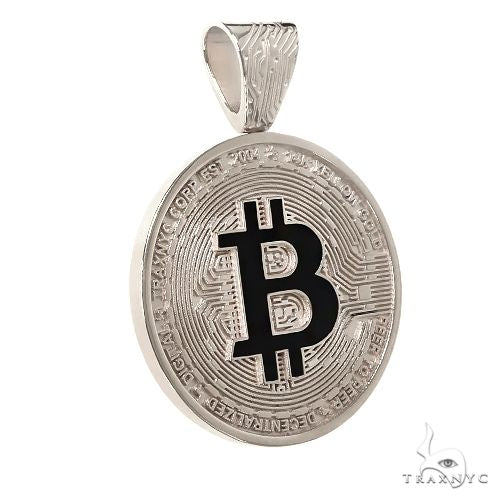 925 silver spinning Bitcoin pendant with black logo and circuit design accents