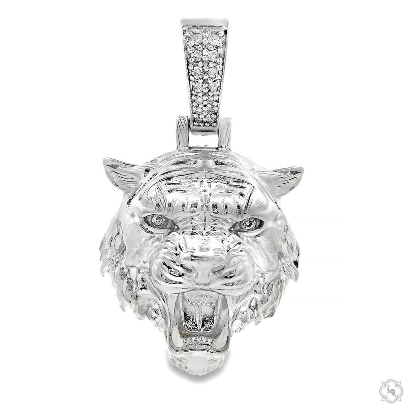 Small .925 silver tiger head pendant with detailed facial features and textured fur