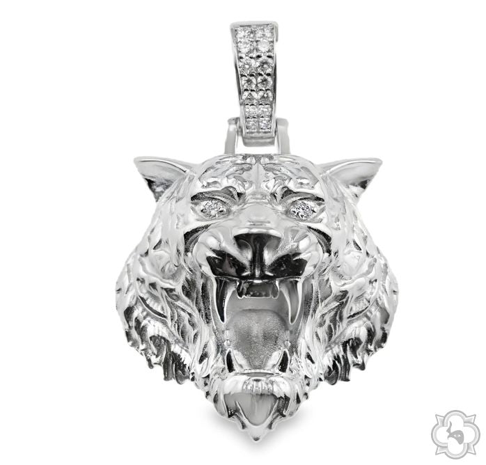 .925 silver tiger head pendant with detailed fur and open mouth design