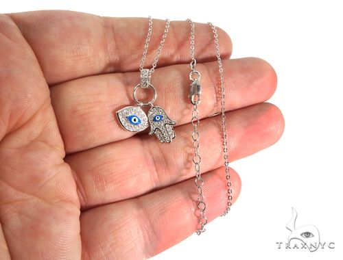 .925 Sterling Silver Hamsa Hand Evil Eye Charm 18'' inches Re-sizable Cable Link Chain Set, photo 4 of 6