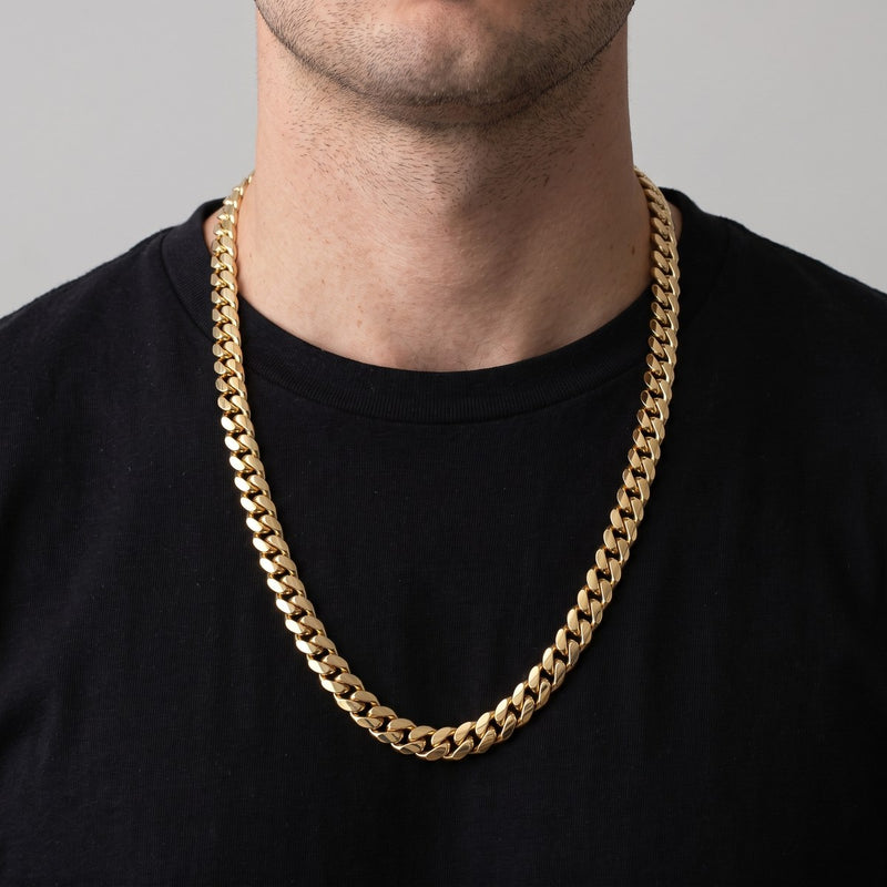 Worn look: 10K Gold miami cuban chain, 7 mm, made by AI from this chain's own photos, not a measured fit