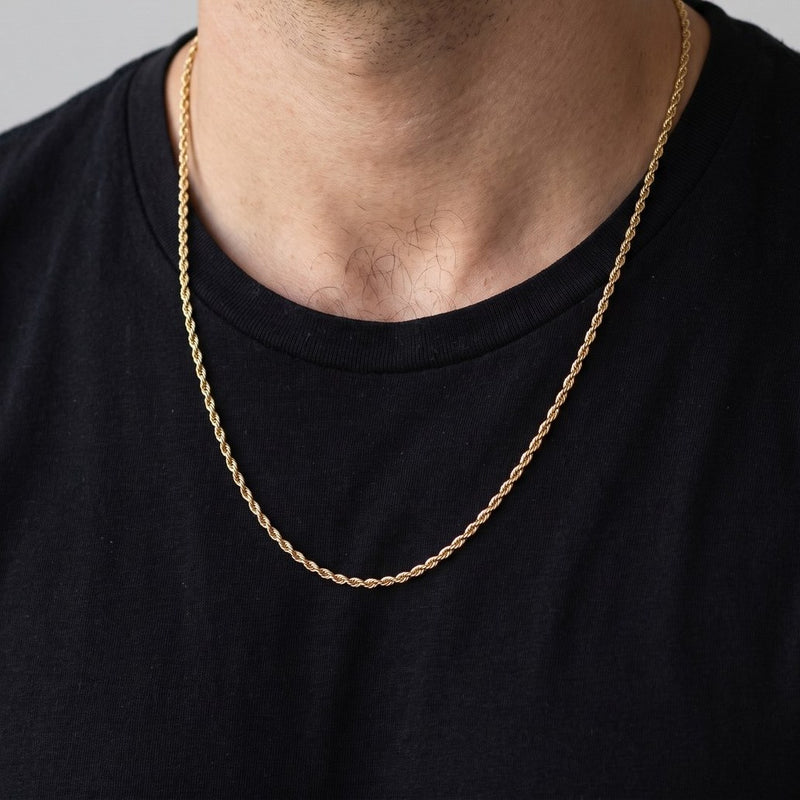 Worn look: 14K Gold rope chain, 2 mm, made by AI from this chain's own photos, not a measured fit