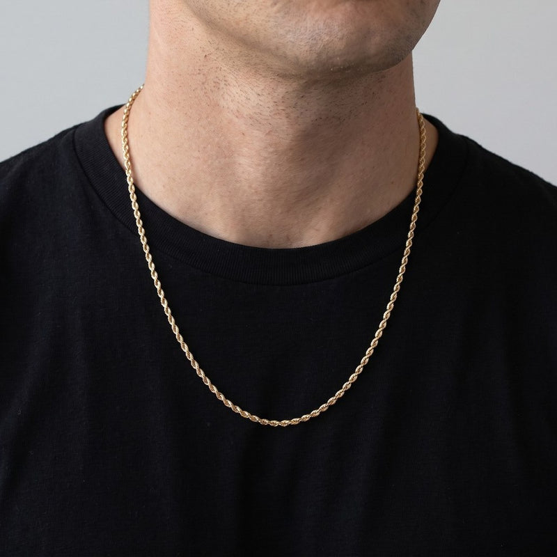 Worn look: 14K Gold rope chain, 2.5 mm, made by AI from this chain's own photos, not a measured fit