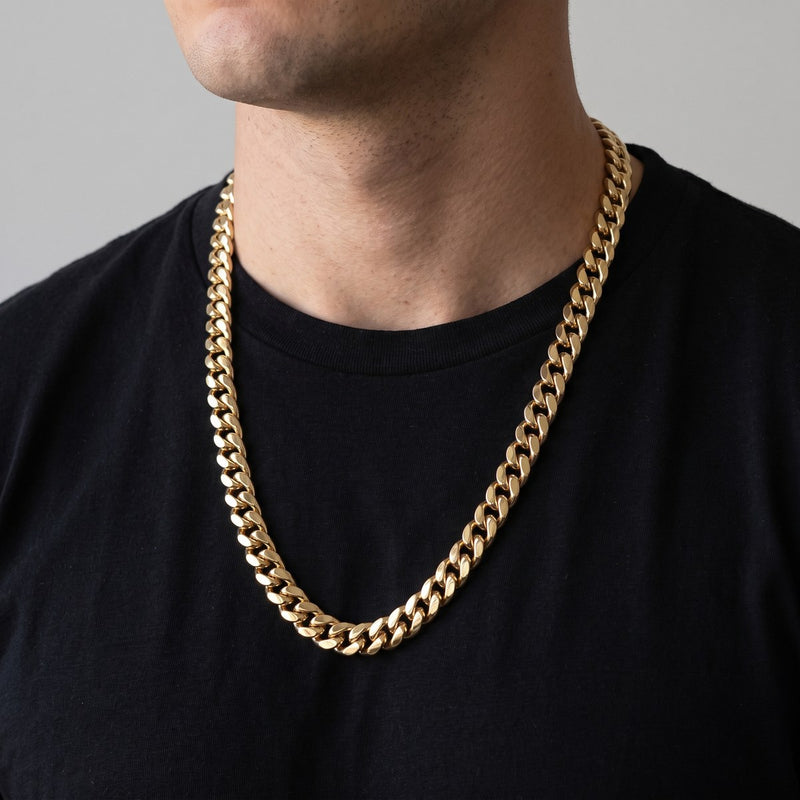 Worn look: 14K Gold miami cuban chain, 7.5 mm, made by AI from this chain's own photos, not a measured fit