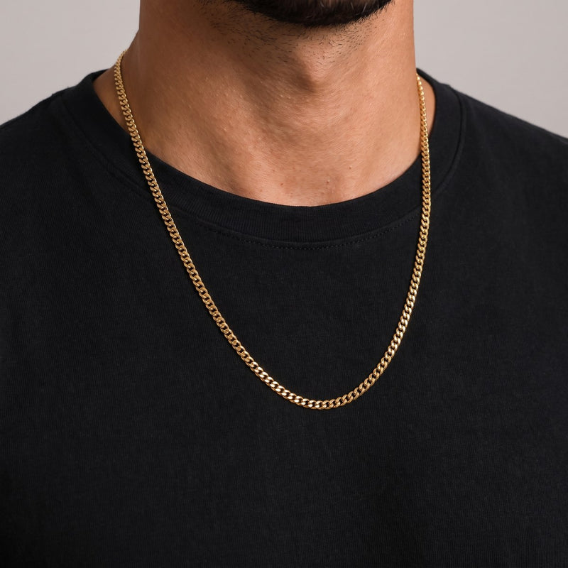 Worn look: 14K Yellow Gold Solid Double Curb Chain 3.5mm, made by AI from this chain's own photos, not a measured fit