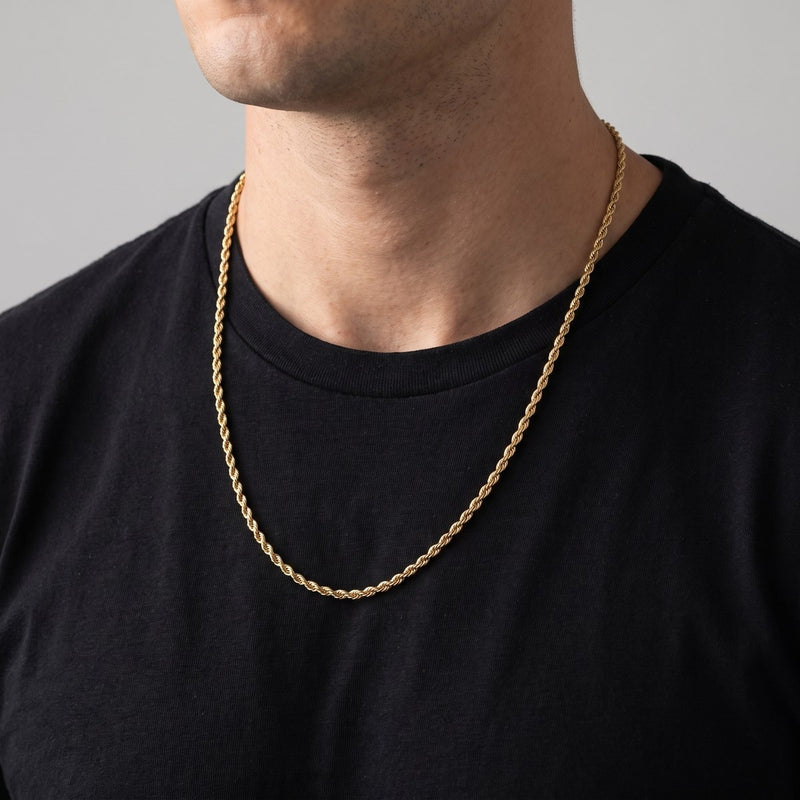 Worn look: 10K Gold rope chain, 3 mm, made by AI from this chain's own photos, not a measured fit