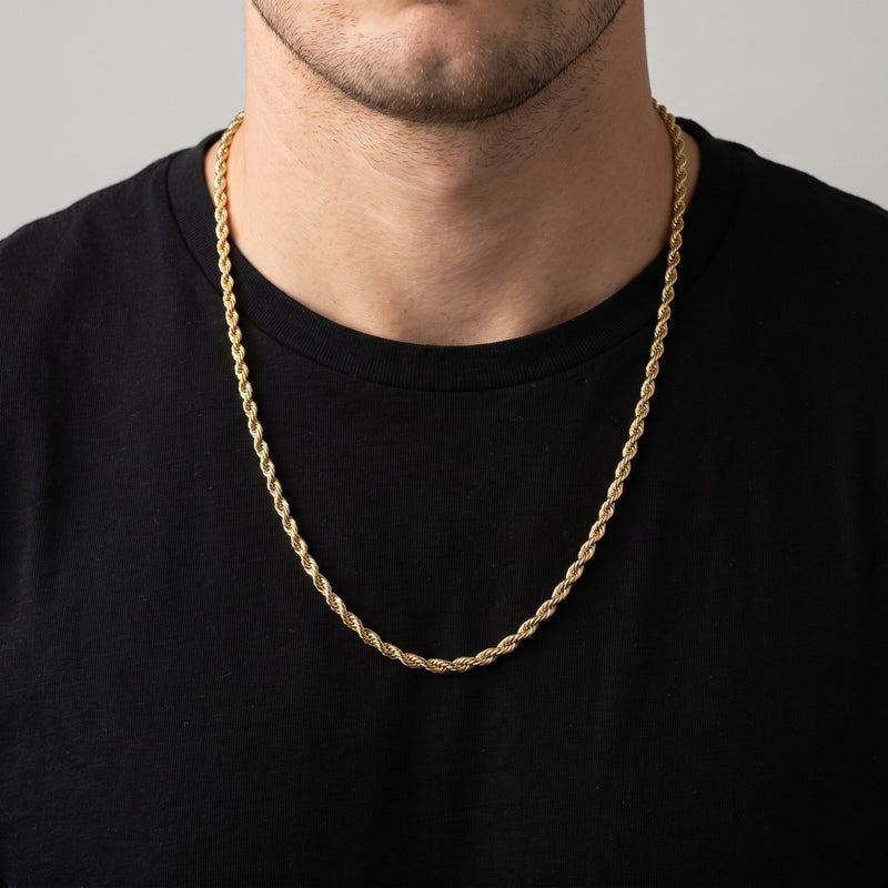 Worn look: 10K Gold rope chain, 4.5 mm, made by AI from this chain's own photos, not a measured fit
