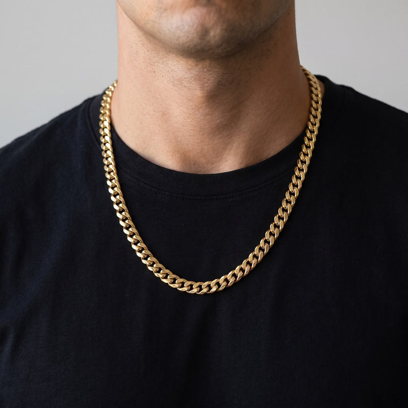 Worn look: 14K Gold miami cuban chain, 7 mm, made by AI from this chain's own photos, not a measured fit